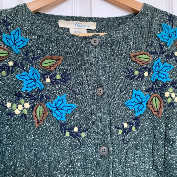 Vintage Penmans Embroidered Knit Granny Cardigan Sweater Green Siz… - Picture 5 of 7